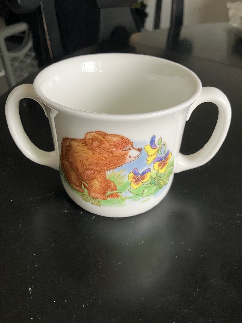 Bear & Pansy Double-Handled Ceramic Cup - White with Brown Bear